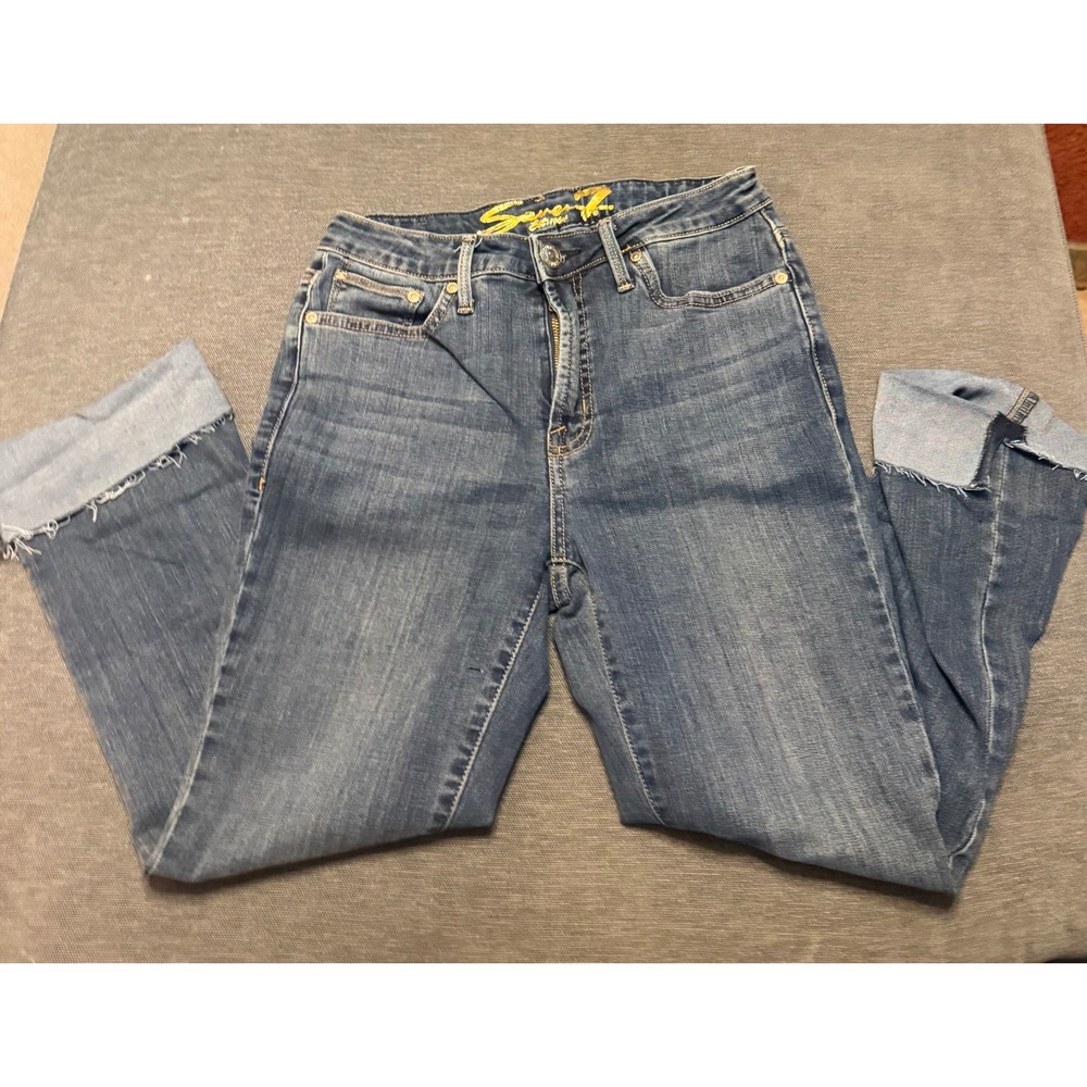 Seven7 Womens High Rise Cropped Straight Leg Jeans Medium Wash Raw Hem Size 4